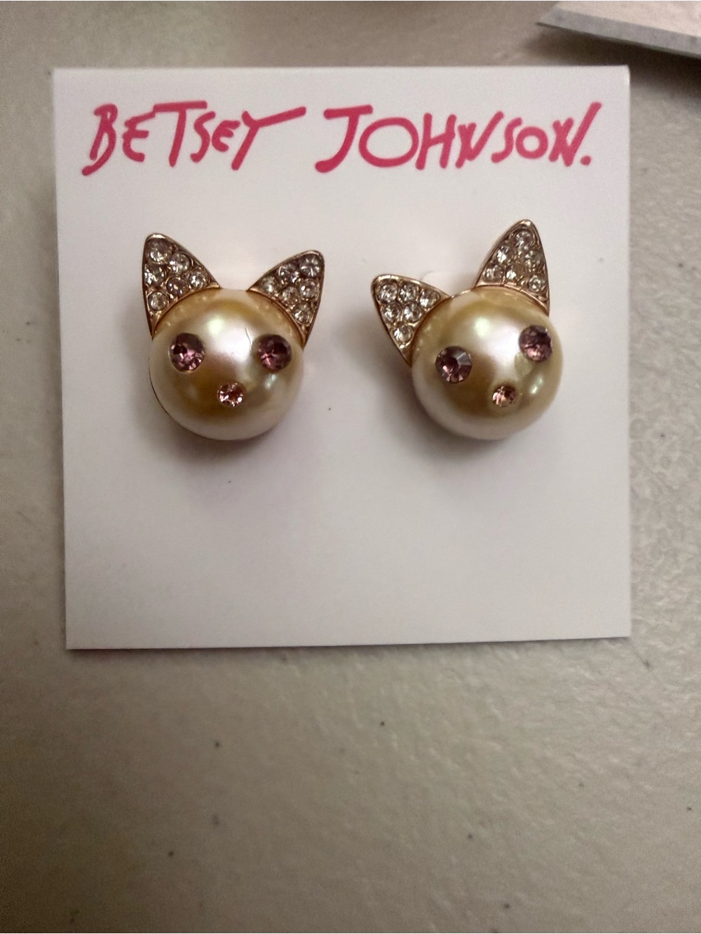 Betsey Johnson Pearl Cat Stud Earrings with Pink Crystals